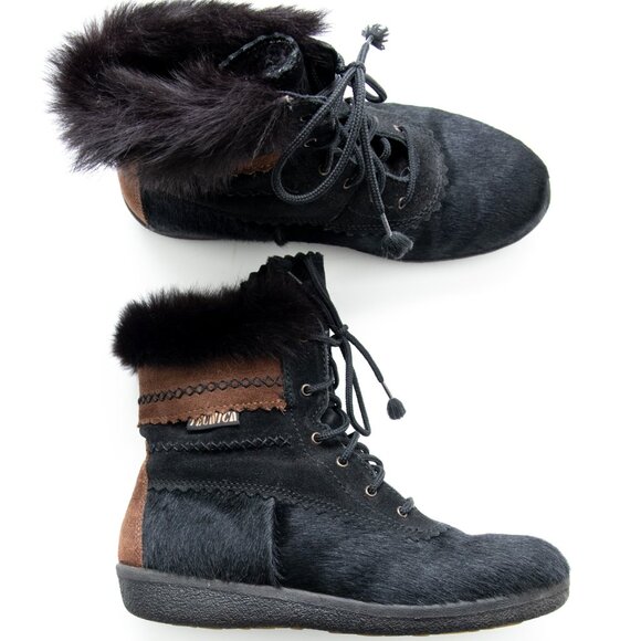 Tecnia Fur Snow Boots Cowhide Vintage 1990s Black Brown Size 38 New Without Box - Picture 1 of 9